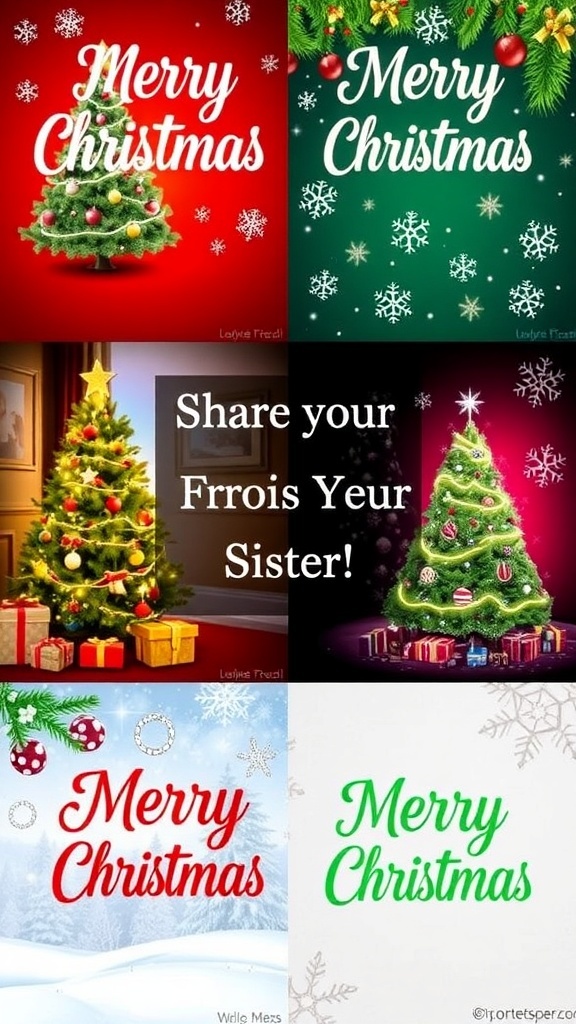 Merry Christmas Images for Sisters A collage of Merry Christmas images including decorated trees, snowy scenes, and festive ornaments.